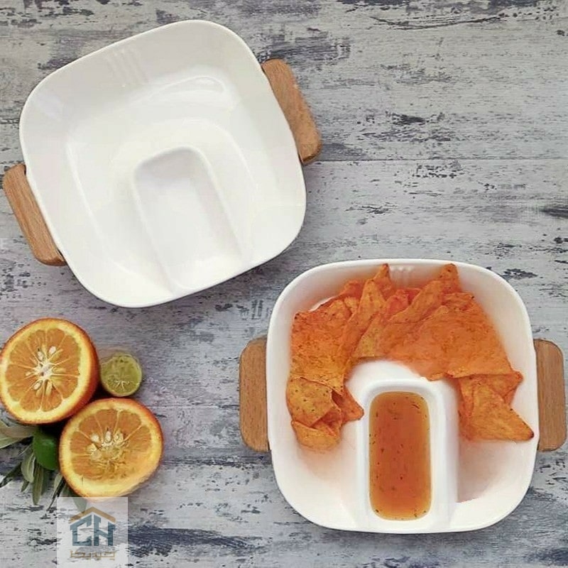 اردو خوری مربع دو خانه سرامیکی با جای سس مرکزی و دسته چوبی (1)