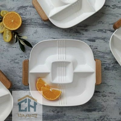 اردو خوری سرامیکی سه خانه دسته چوبی سفید مربعی