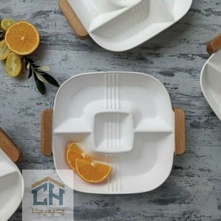 اردو خوری سرامیکی سه خانه دسته چوبی سفید مربعی