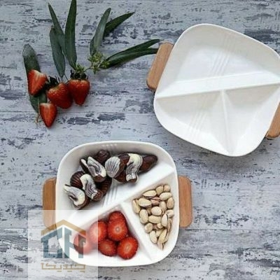 اردو خوری سرامیکی ۳ خانه سفید با طراحی هندسی و دسته چوبی (1)