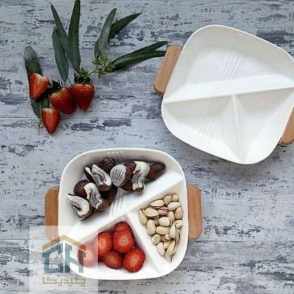 اردو خوری سرامیکی ۳ خانه سفید با طراحی هندسی و دسته چوبی (1)