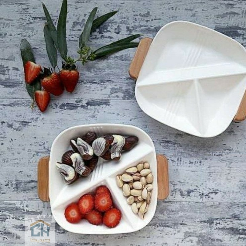 اردو خوری سرامیکی ۳ خانه سفید با طراحی هندسی و دسته چوبی (1)