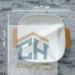 اردو خوری سرامیکی ۳ خانه سفید با طراحی هندسی و دسته چوبی (2)