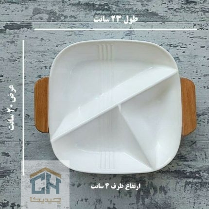 اردو خوری سرامیکی ۳ خانه سفید با طراحی هندسی و دسته چوبی (2)