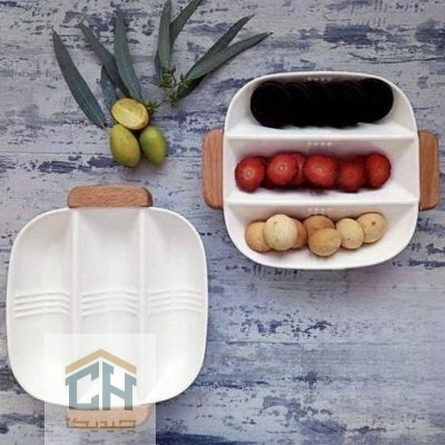 اردو خوری سرامیکی ۳ خانه مربع با طراحی خطی و دسته چوبی (1)