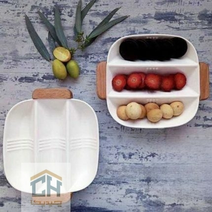 اردو خوری سرامیکی ۳ خانه مربع با طراحی خطی و دسته چوبی (1)