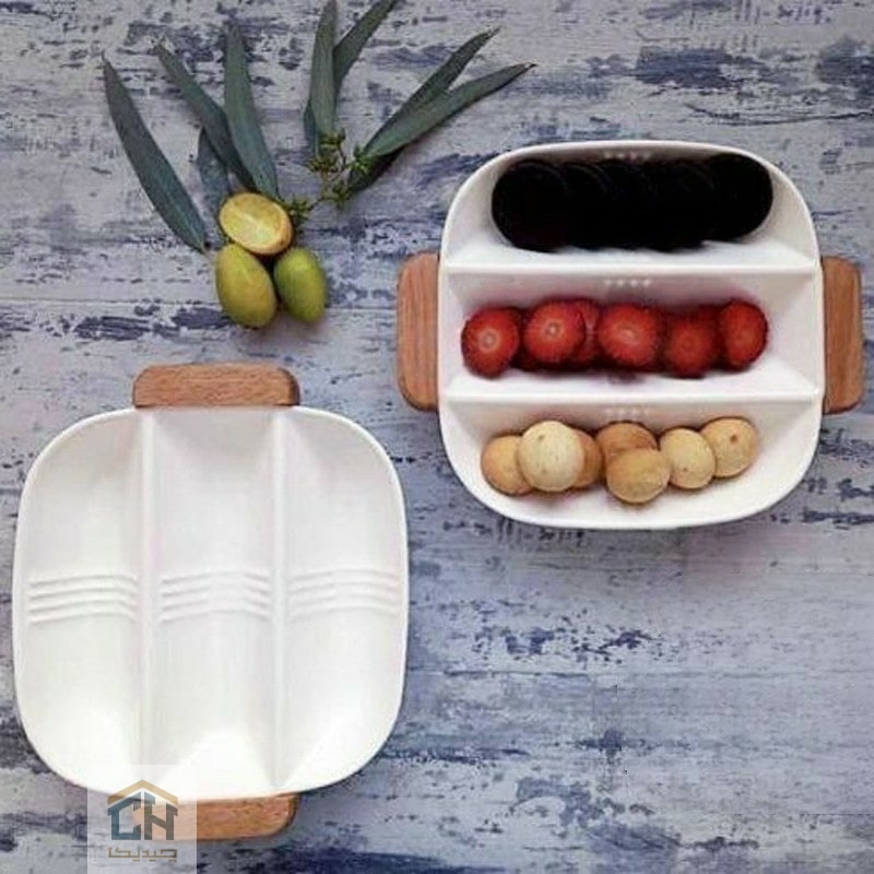 اردو خوری سرامیکی ۳ خانه مربع با طراحی خطی و دسته چوبی (1)