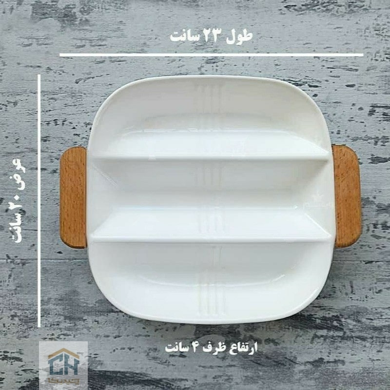 اردو خوری سرامیکی ۳ خانه مربع با طراحی خطی و دسته چوبی (2)