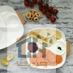 اردو خوری سرامیکی ۴ بخشی دسته چوبی طرح موج دار سفید (1)