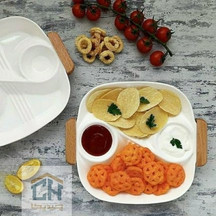 اردو خوری سرامیکی ۴ بخشی دسته چوبی طرح موج دار سفید (1)