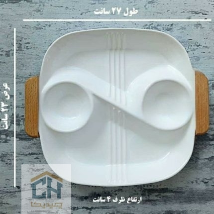 اردو خوری سرامیکی ۴ بخشی دسته چوبی طرح موج دار سفید (2)
