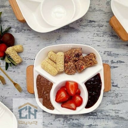اردو خوری سرامیکی دسته چوبی 4 قسمتی سفید مناسب سرو صبحانه و تنقلات (1)