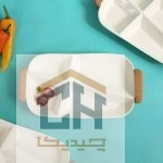اردو خوری سرامیکی مستطیل چهار خانه سفید با دسته چوبی (1)