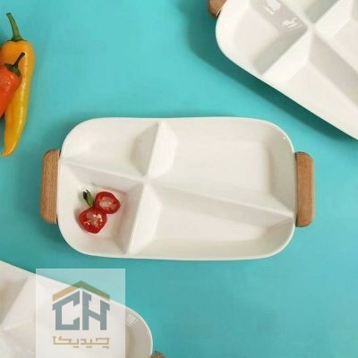 اردو خوری سرامیکی مستطیل چهار خانه سفید با دسته چوبی (1)