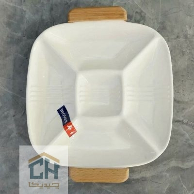 اردو خوری سرامیکی دسته چوبی 5 قسمتی مربعی سفید