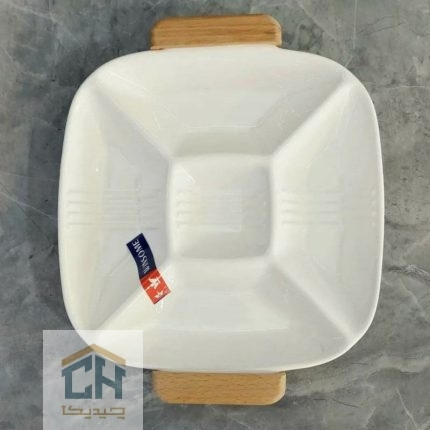 اردو خوری سرامیکی دسته چوبی 5 قسمتی مربعی سفید