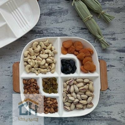 اردو خوری سرامیکی دسته چوبی 6 قسمتی پر از آجیل و خشکبار