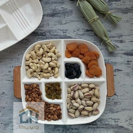اردو خوری سرامیکی دسته چوبی 6 قسمتی پر از آجیل و خشکبار