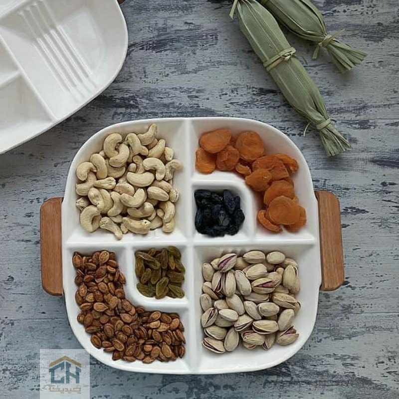 اردو خوری سرامیکی دسته چوبی 6 قسمتی مدل H34350 اردو خوری سرامیکی دسته چوبی 6 قسمتی پر از آجیل و خشکبار