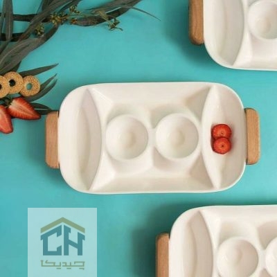اردو خوری سرامیکی مستطیل مدل ترکیبی سفید با دو کاسه برای سرو سس (1)