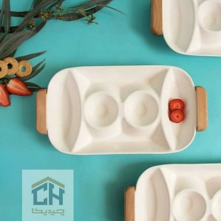 اردو خوری سرامیکی مستطیل مدل ترکیبی سفید با دو کاسه برای سرو سس (1)