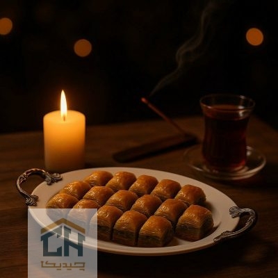 شیرینی خوری بیضی دسته پیوتر با چیدمان باقلوا برای عصرانه