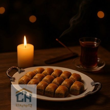 شیرینی خوری بیضی دسته پیوتر با چیدمان باقلوا برای عصرانه