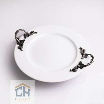 دیس چینی گرد دسته پیوتر با سه پایه فلزی برای سرو میوه و شیرینی (2)