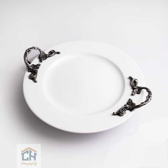 دیس چینی گرد دسته پیوتر با سه پایه فلزی برای سرو میوه و شیرینی (2)