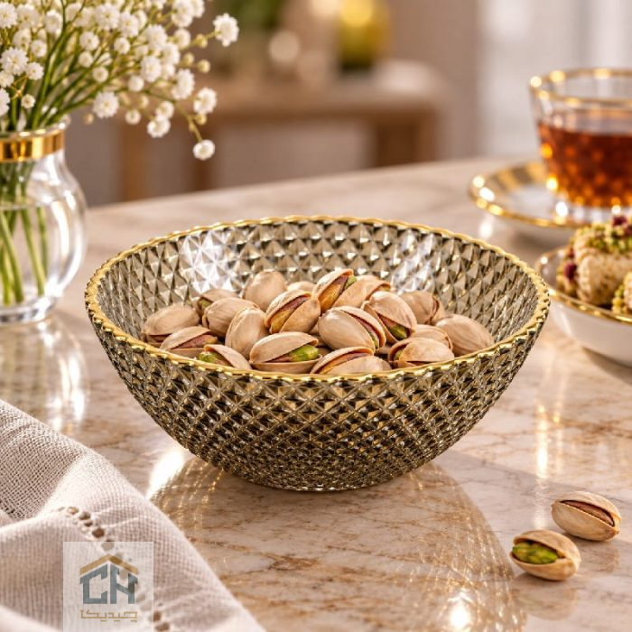 پیاله بلور دودی مدل 5290 پر شده با پسته روی میز پذیرایی