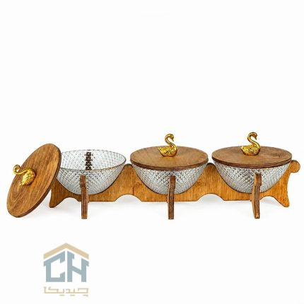 اردو خوری بلور سه تایی با پایه چوبی و درب طرح پیکسل (2)