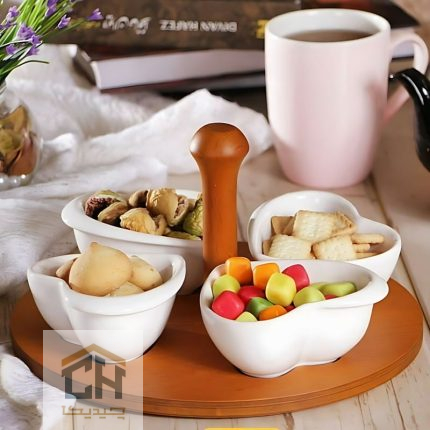 اردو خوری سرامیکی پایه چوبی طرح قلب ست 4 تایی مدل 50018