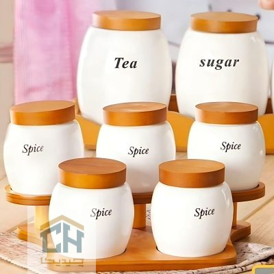 جا ادویه سرامیکی پایه چوبی ست 5 تایی مدل 50029S