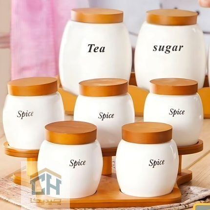 جا ادویه سرامیکی پایه چوبی ست 5 تایی مدل 50029S