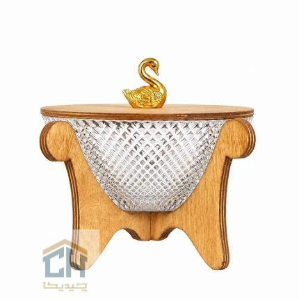 شکلات خوری درب دار چوبی با بدنه بلور طرح پیکسل و دستگیره قو (1)
