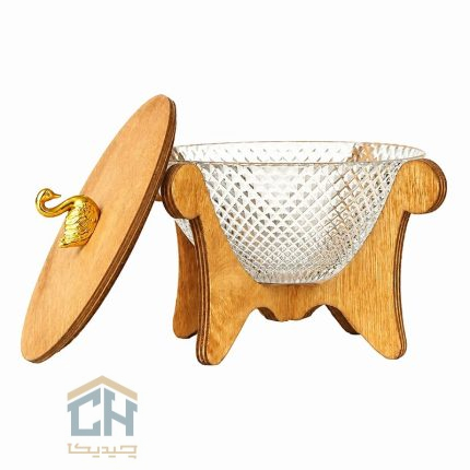 شکلات خوری درب دار چوبی با بدنه بلور طرح پیکسل و دستگیره قو (2)