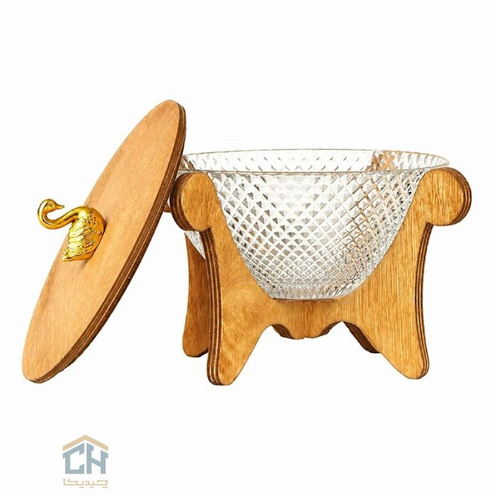 شکلات خوری درب دار چوبی با بدنه بلور طرح پیکسل و دستگیره قو (2)