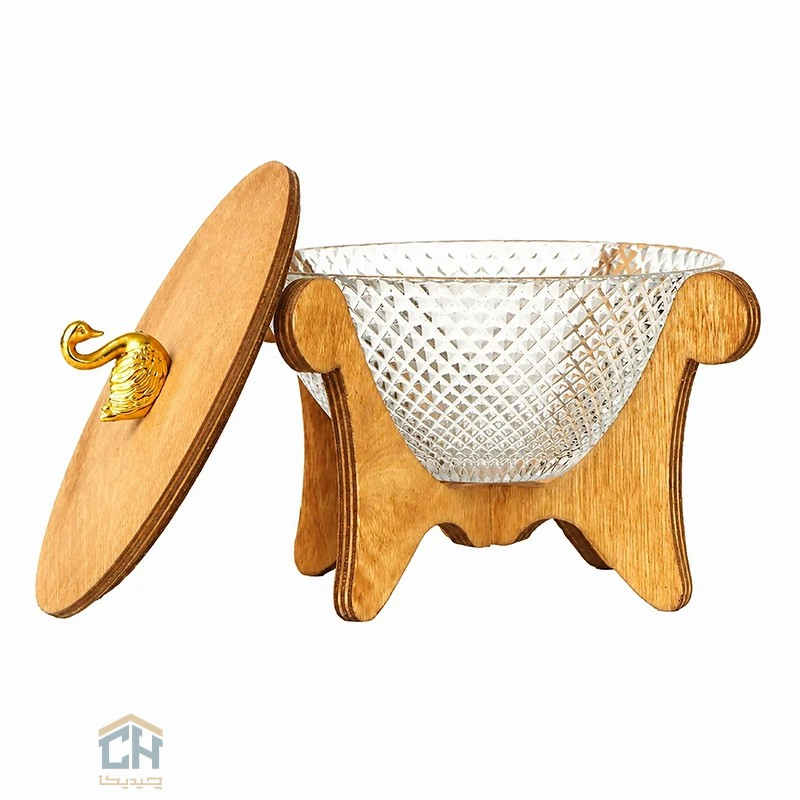 شکلات خوری درب دار چوبی با بدنه بلور طرح پیکسل و دستگیره قو (2)