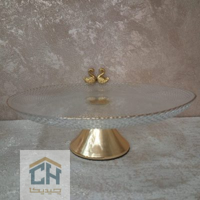 شیرینی خوری بلور پایه دار با لبه طلایی و مجسمه جفت قو (1)