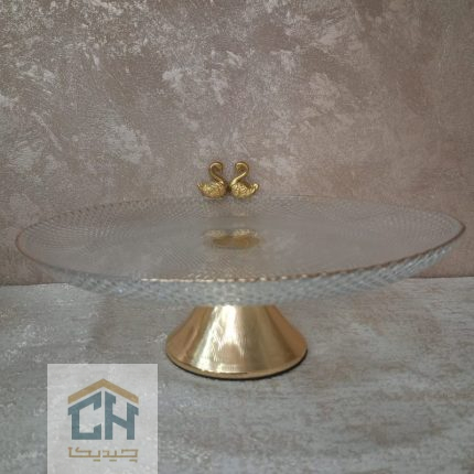 شیرینی خوری بلور پایه دار با لبه طلایی و مجسمه جفت قو (1)