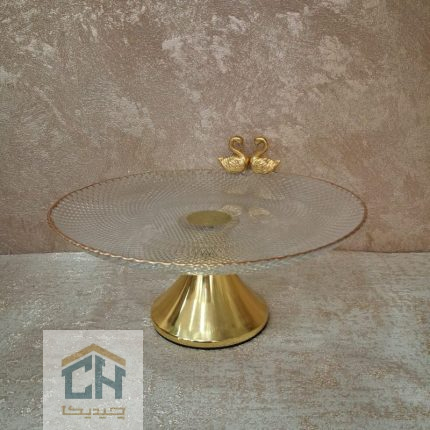 ظرف شیرینی خوری پایه دار با پایه طلایی و مجسمه قو (1)