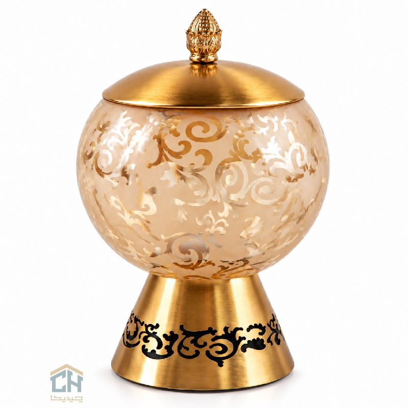 شکلات خوری بلور پایه فلزی طرح الیسا مدل 1-2896 با درب طلایی