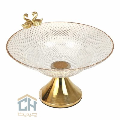 میوه خوری بلور پایه دار با لبه طلایی و مجسمه جفت قو (1)