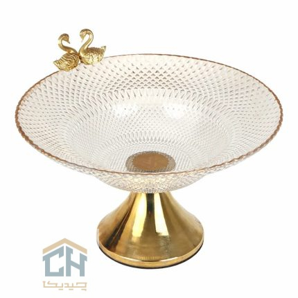 میوه خوری بلور پایه دار با لبه طلایی و مجسمه جفت قو (1)