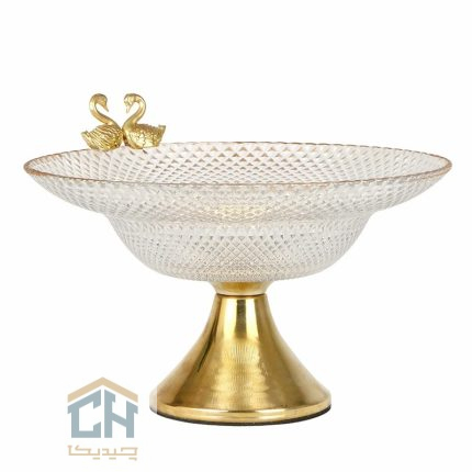 میوه خوری بلور پایه دار با لبه طلایی و مجسمه جفت قو (2)