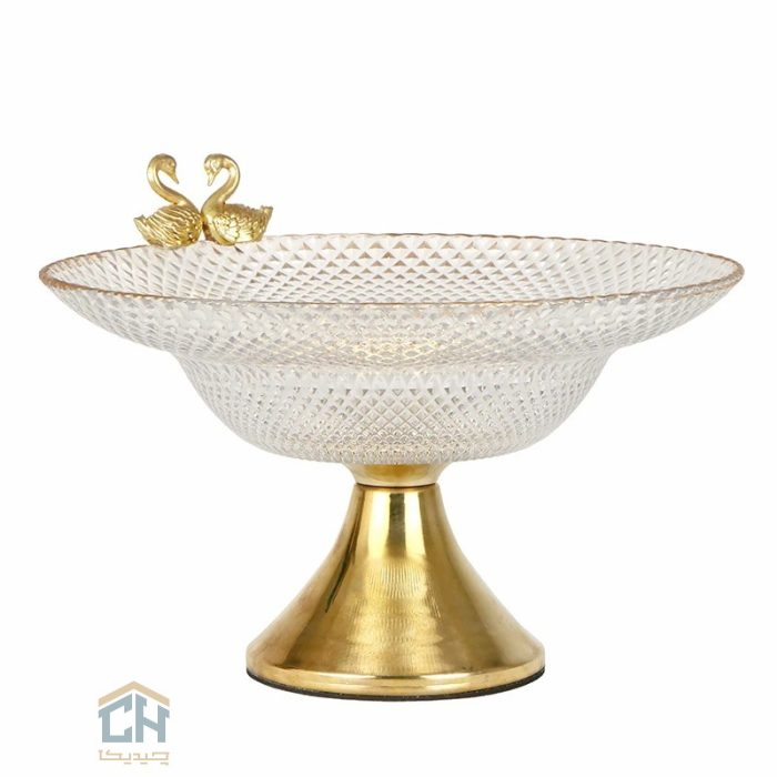 میوه خوری بلور پایه دار با لبه طلایی و مجسمه جفت قو (2)