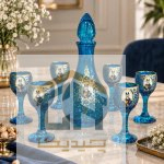 چیدمان تنگ و شش جام فیروزه ای روی میز پذیرایی