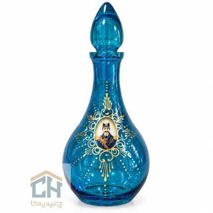 تنگ بلور فیروزه ای درب دار با نقش طلایی و تصویر سنتی