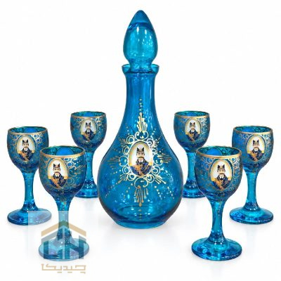 تنگ و جام پاشاباغچه مدل 95485 فیروزه ای با نقوش طلایی