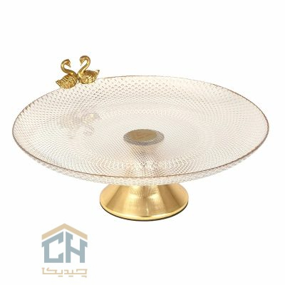 شیرینی خوری بلور پایه دار با لبه طلایی و مجسمه جفت قو (1)